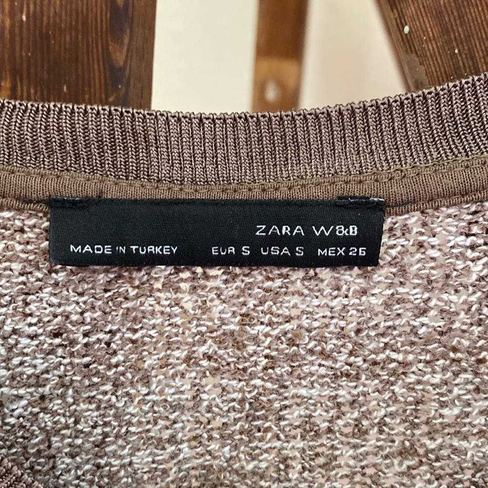 ZARA W&B tan sweater with light under layer.